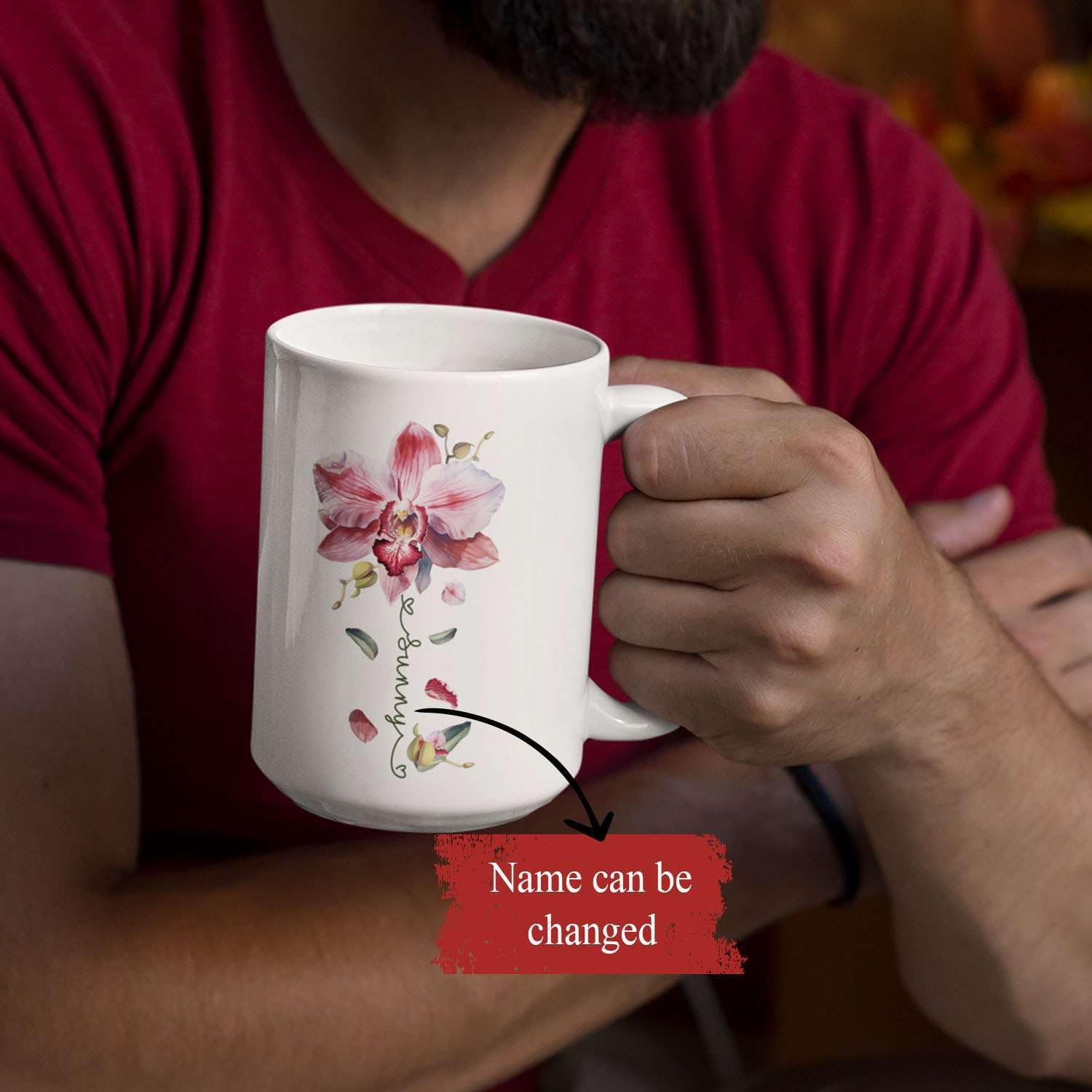 Novelty Coffee Cup With Orchid Design, Personalized Name Flower Accent Mug, Custom Orchid Flower