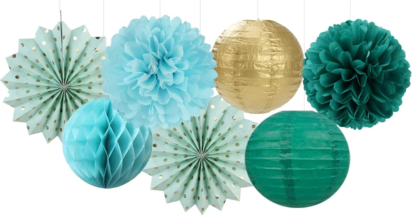 Sage-Green Teal-Blue Party-Decorations Streamers Lanterns - 14pcs Rustic Wedding Baby Shower Paper