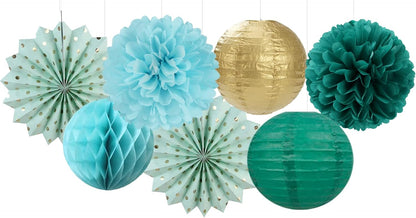 Sage-Green Teal-Blue Party-Decorations Streamers Lanterns - 14pcs Rustic Wedding Baby Shower Paper