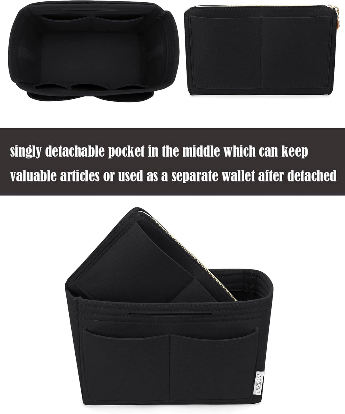 LEXSION Felt Purse Bag Organizer Insert with zipper Bag Tote Shaper Fit Speedy Neverful PM MM