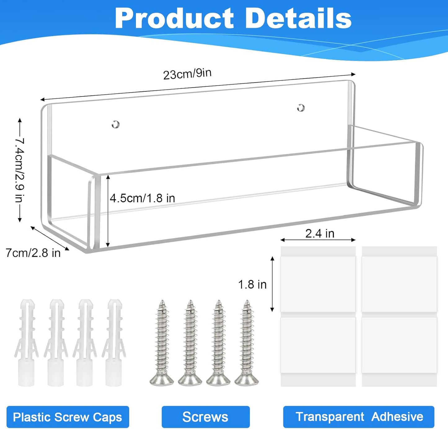 Acrylic Spice Rack Wall Mount-9 Inch, Clear Spice Shelf Storage Holder, 4 Pack Hanging Seasoning