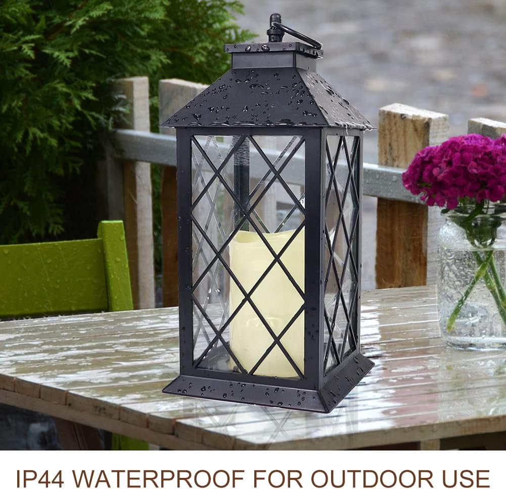 Bright Zeal 13.5" Black Vintage Candle Lantern with LED Pillar Candle and Timer - IP44 Waterproof