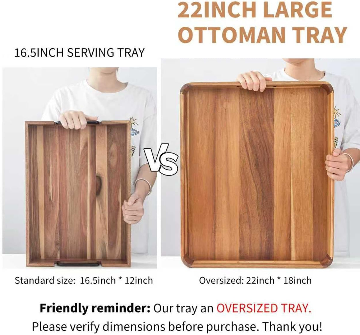 Large Wooden Ottoman Tray, Great 22"x18" Rectangle Trays for Big Ottoman Counter, Huge Kitchen Wood