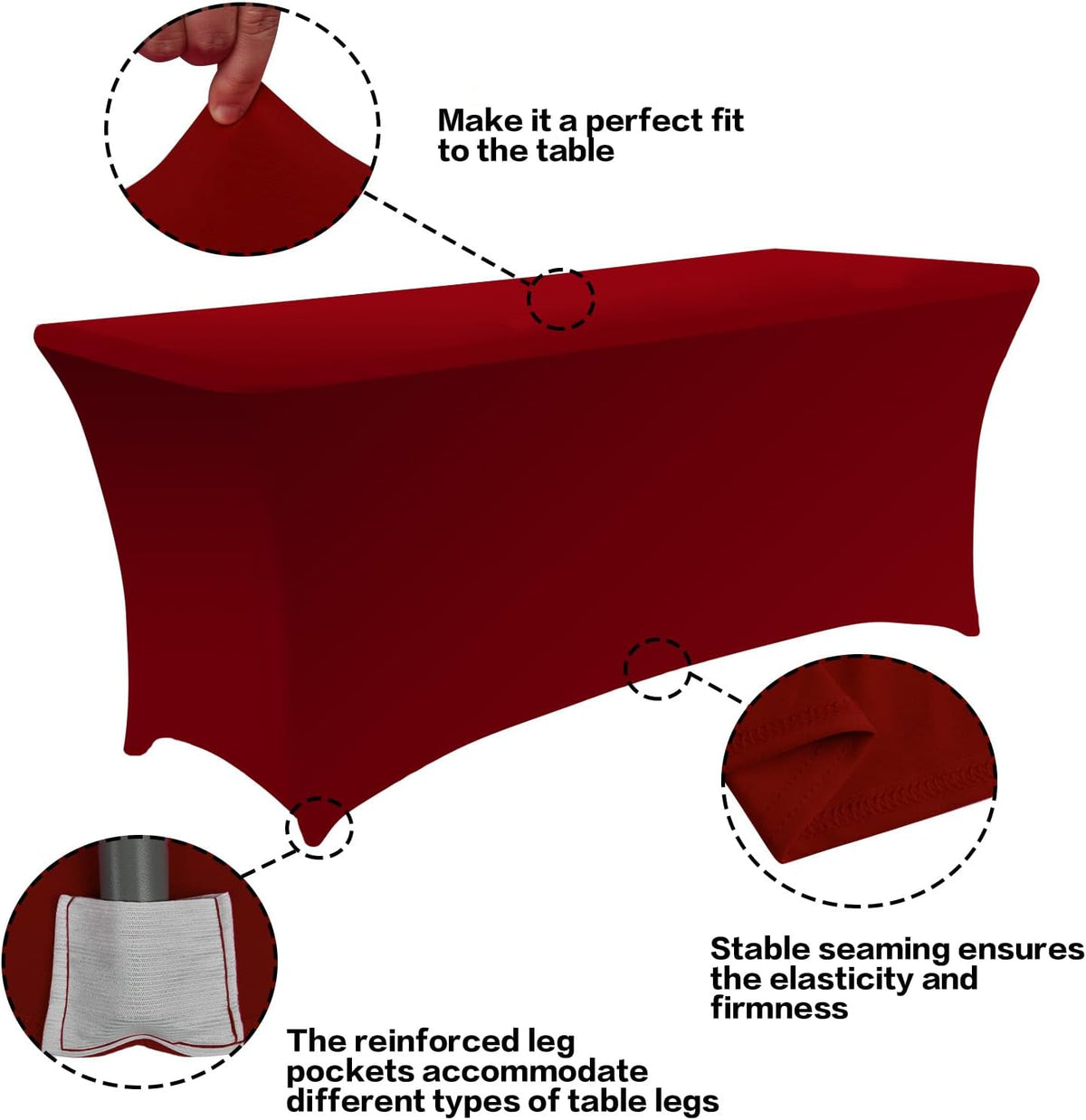 IVAPUPU 2 Pack 8FT Table Cloth for Rectangular Fitted Events Stretch Burgundy Table Covers Washable