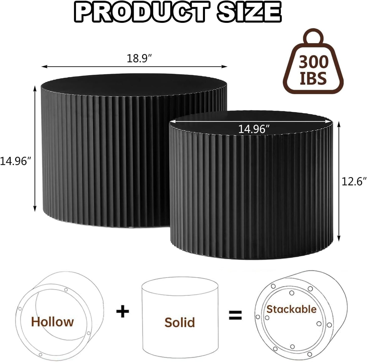 Modern Black Nesting Coffee Table Set of 2 Handcraft Fluted Coffee and End Table Sets Wooden Drum