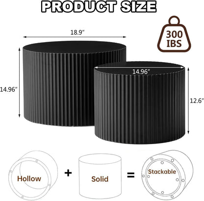 Modern Black Nesting Coffee Table Set of 2 Handcraft Fluted Coffee and End Table Sets Wooden Drum