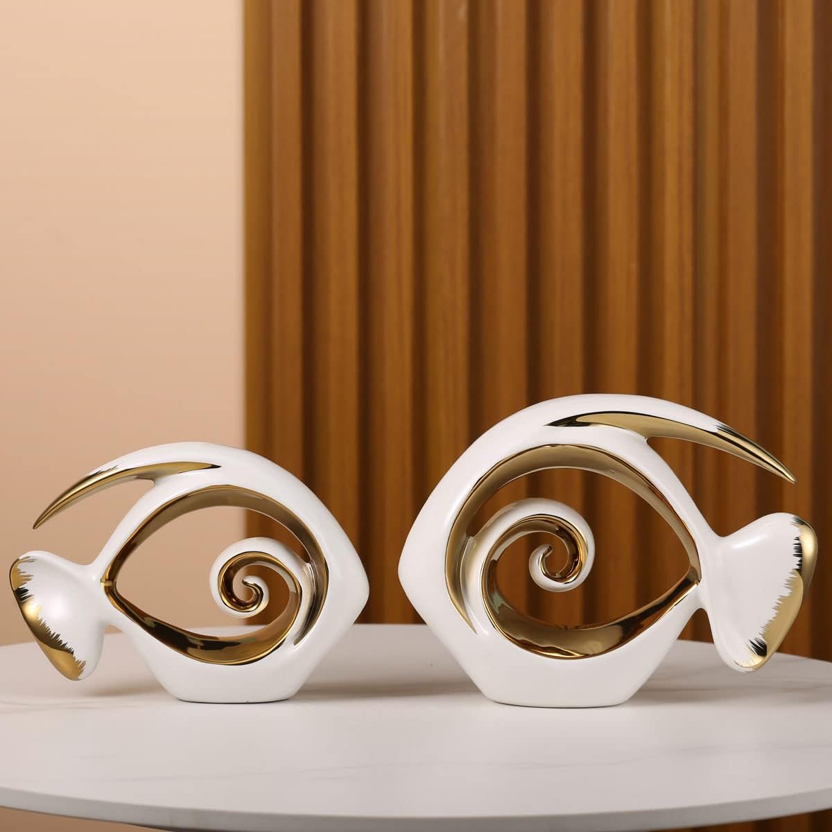 White Gold Ceramic Fish Figurines - Coastal Home Decor, Modern Ocean Centerpieces for Living Room