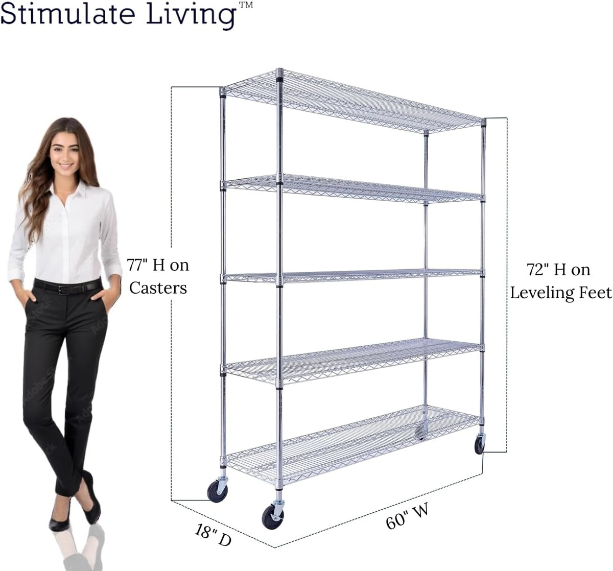 60"x18"x72" PRIME HEAVY DUTY Chrome 5-Tier Wire Shelving 4000 LBS MAX Capacity Storage Rack for