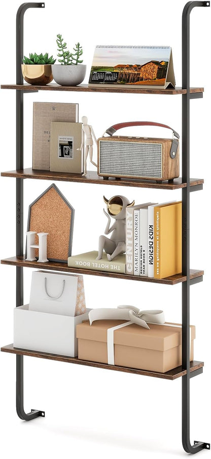 Giantex 4-Tier Industrial Bookshelf, Wall Mounted Pipe Shelving Unit, Floating Shelves with Metal