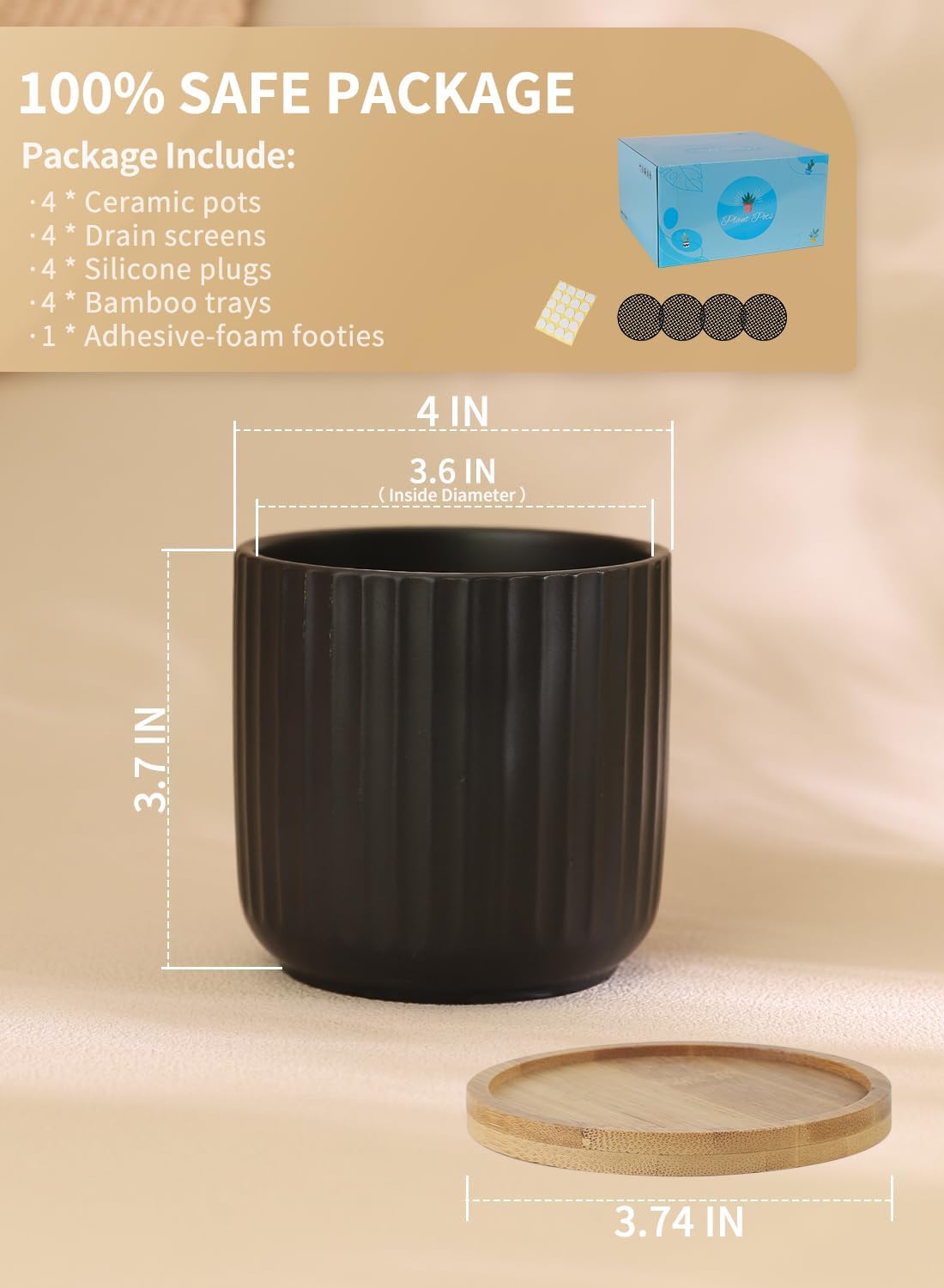 TAMAYKIM 4 Inch Small Cylinder Ceramic Plant Pots with Drainage Holes, Modern Indoor Planters with