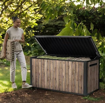 Outdoor Storage Box, Wood-Look Resin Deck Container, Indoor/Outdoor Storage, Ash Wood Brown (170