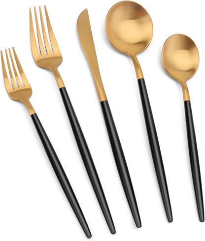Matte Gold Silverware Set with black handle, Vanys 20 Piece Stainless Steel Cutlery Flatware Set