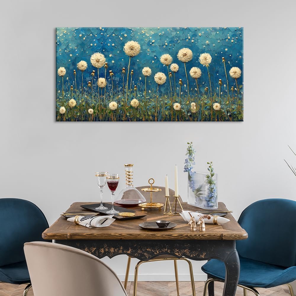 LASMOND Teal Dandelion Wall Art for Living Room Abstract Blowball Canvas Painting Prints Large