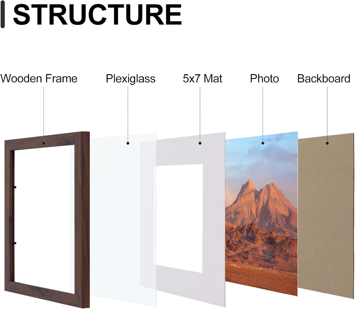 Vittanly 8x10 Picture Frames Set of 9, Shatter Resistant Plexiglass, Display 5x7 Pictures with Mat