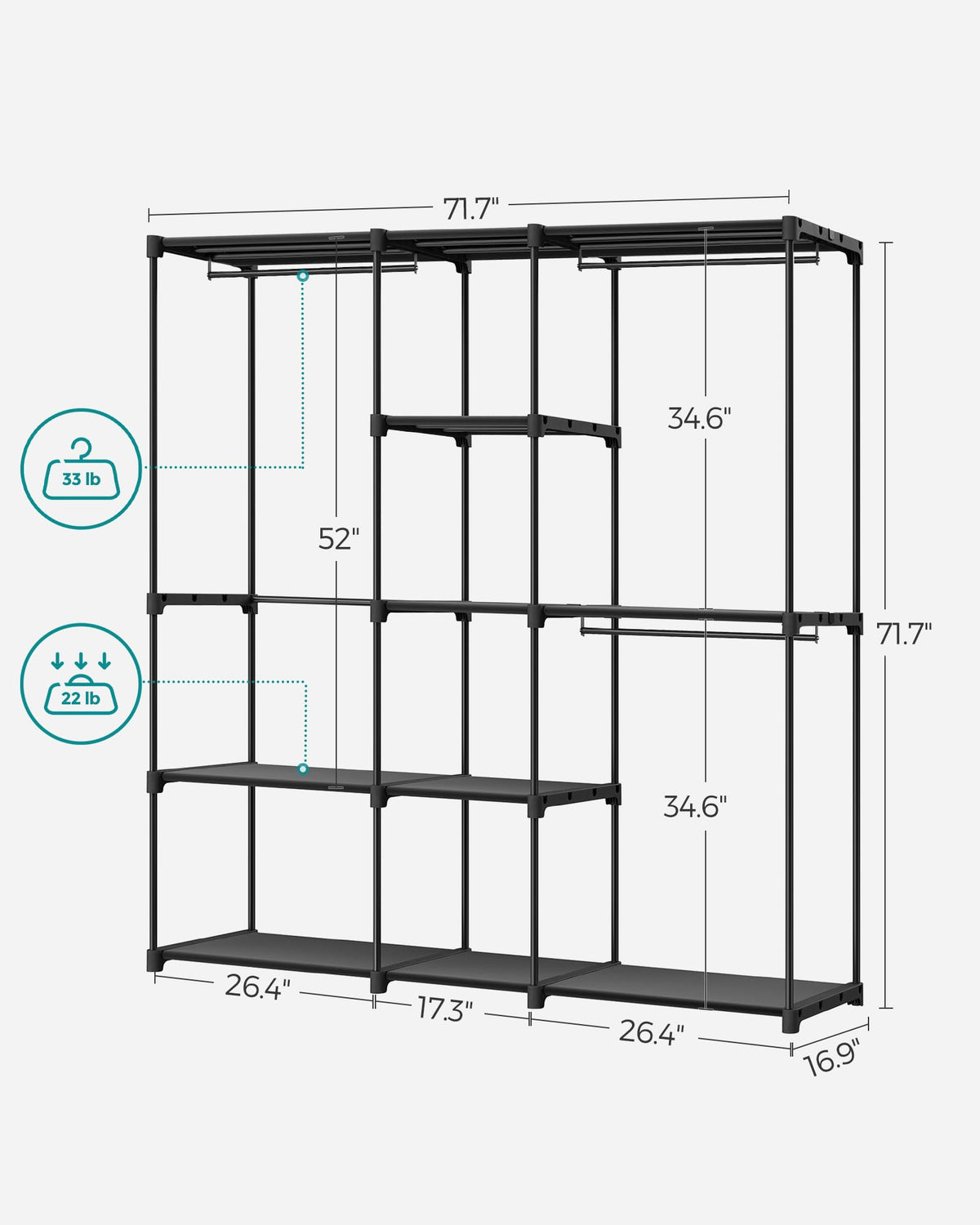 SONGMICS Portable Closet, Freestanding Closet Organizer, Clothes Rack with Shelves, Hanging Rods