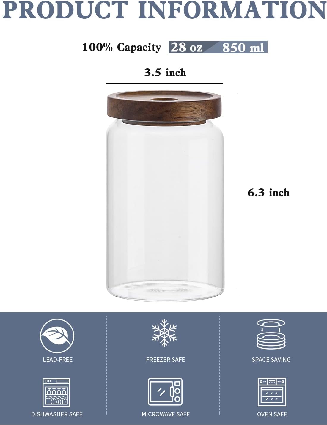 Kanwone Glass Storage Containers Set of 6, 28 Ounce Airtight Food Storage Containers with Bamboo