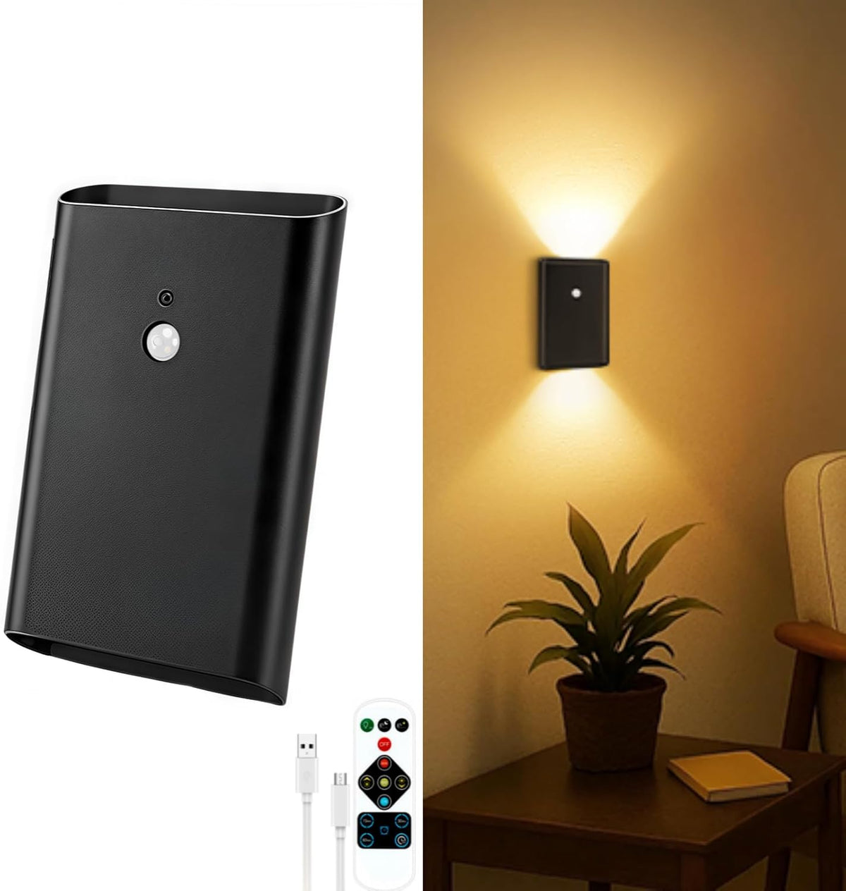 Eneru Rechargeable Motion Sensor Night Light: 5000mAh Black Battery Operated Wall Sconce with