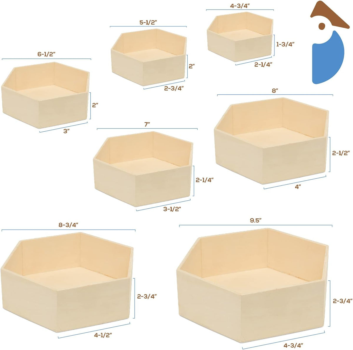Wooden Hexagon Floating Shelves with Backs, Set of 7, Unfinished for Crafts and DIY Wall Décor: