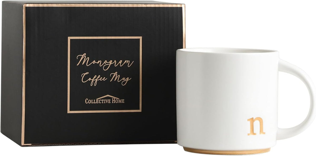 COLLECTIVE HOME - Monogram Ceramic Mugs, 15 oz Golden Initial Coffee Cups, Elegant Alphabet Tea