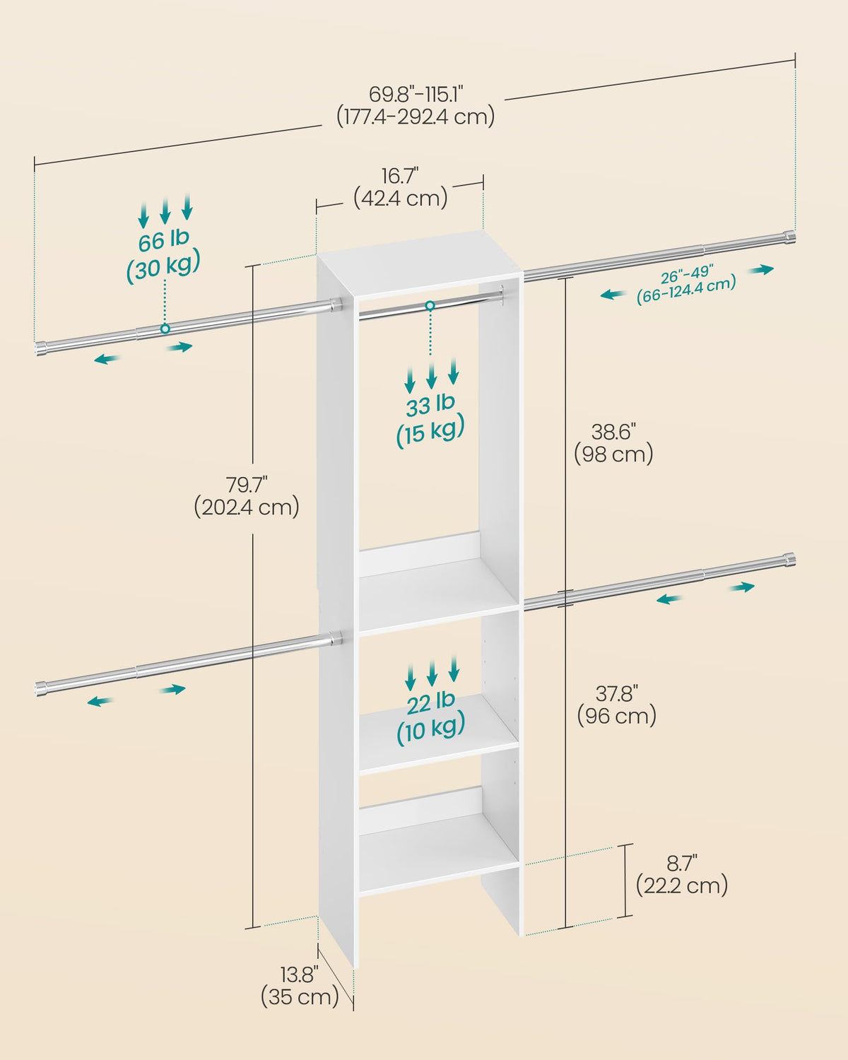 SONGMICS Closet System, Customizable Walk-In Closet Organizer System with Adjustable Hanging Rods