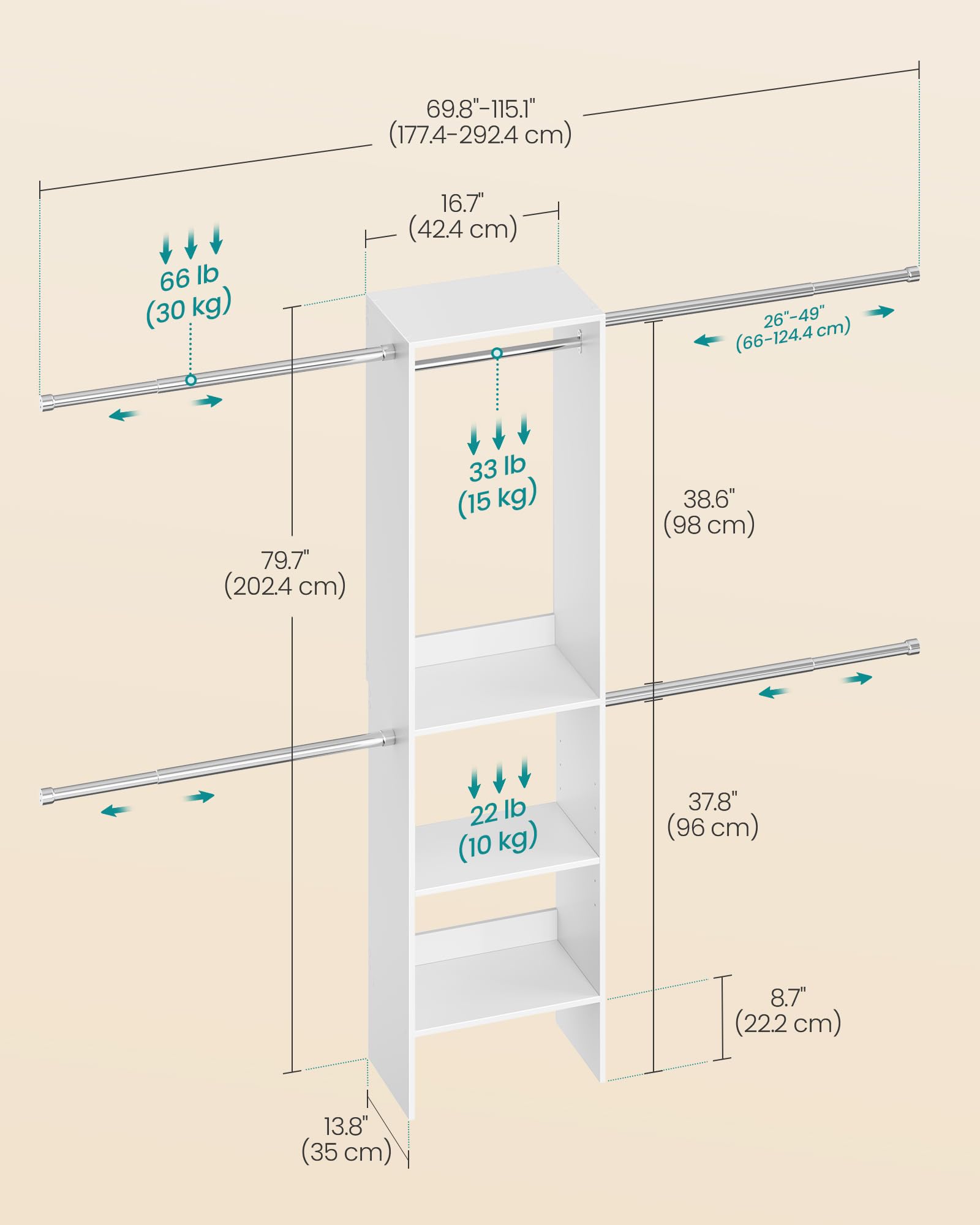 SONGMICS Closet System, Customizable Walk-In Closet Organizer System with Adjustable Hanging Rods