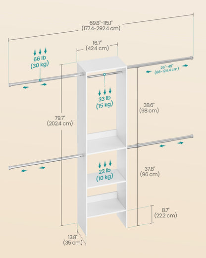 SONGMICS Closet System, Customizable Walk-In Closet Organizer System with Adjustable Hanging Rods