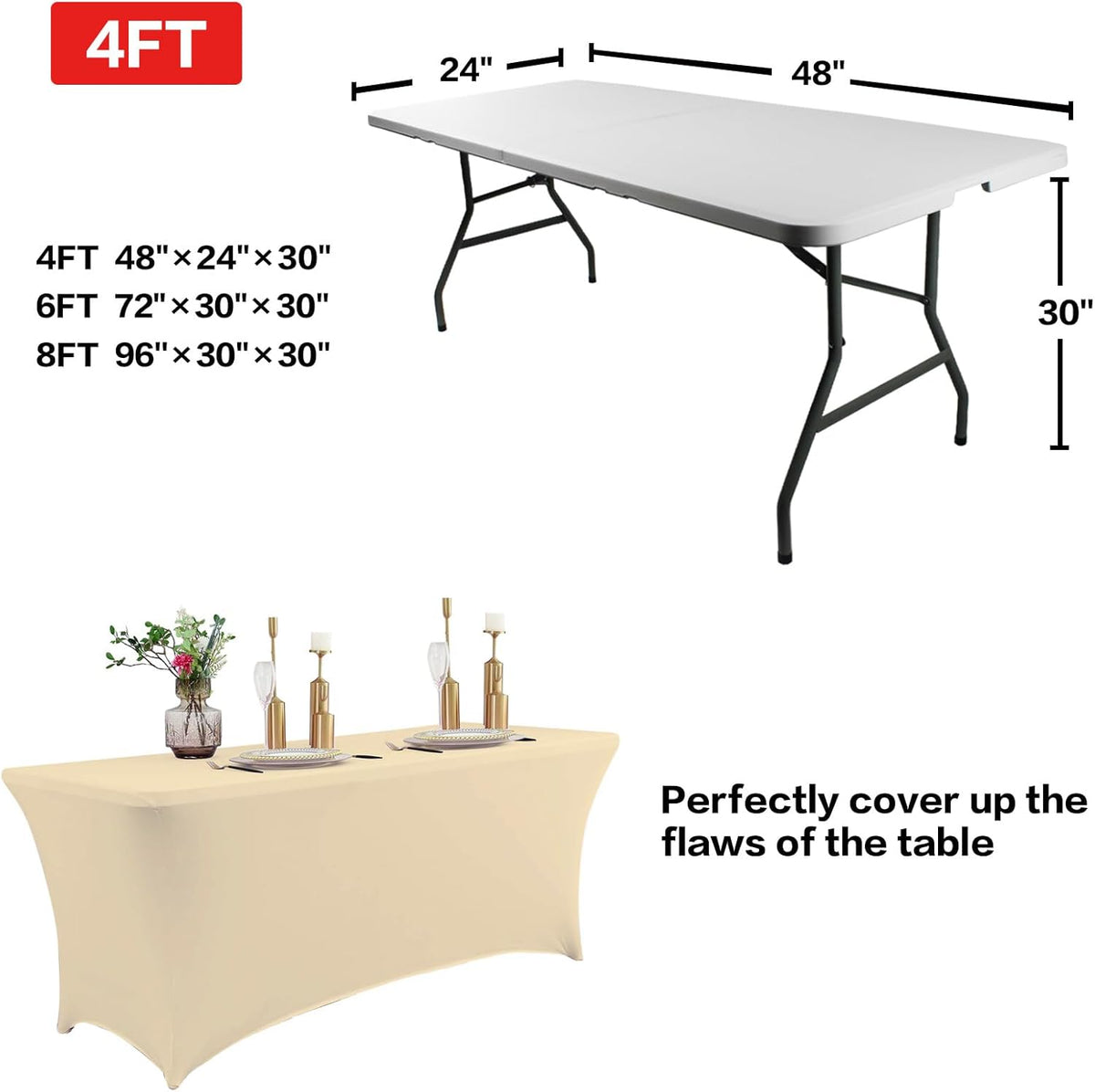 IVAPUPU 6FT Table Cloth for Rectangular Fitted Events Stretch Champagne Table Covers Washable Cover