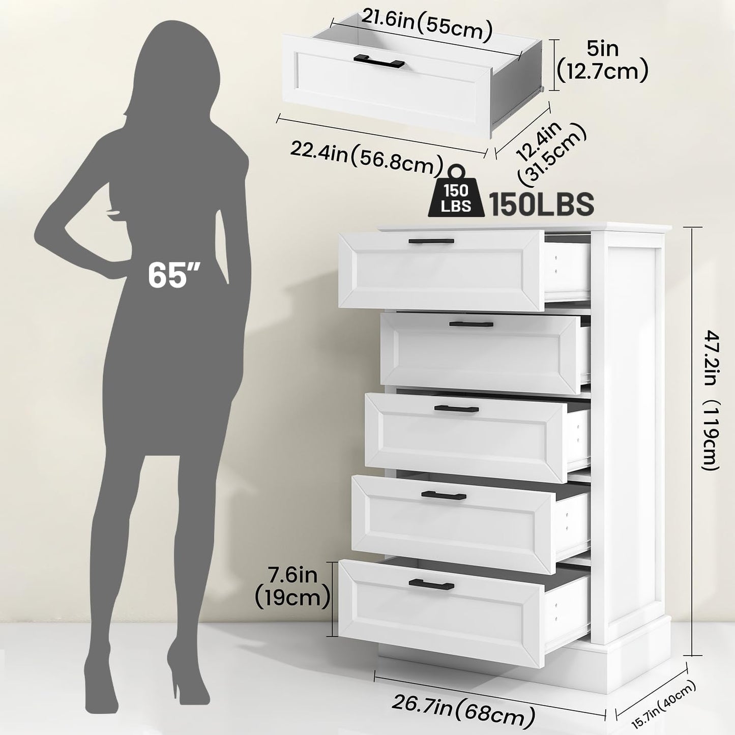 White Dresser for Bedroom, Wood Dresser with 5 Drawers, Chest of Drawer for Bedroom Living Room