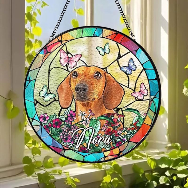 Personalized Stained Glass Window Hanging with Pet Name, Custom Memorial Gift for Dog Lovers