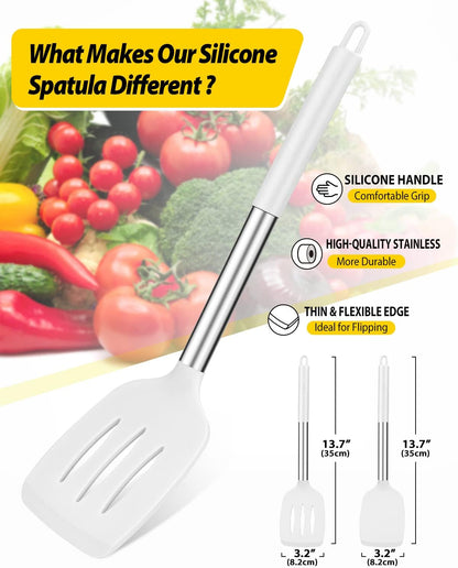 Pack of 2 Silicone Solid Turner, Non Stick Slotted Kitchen Spatulas, High Heat Resistant BPA Free