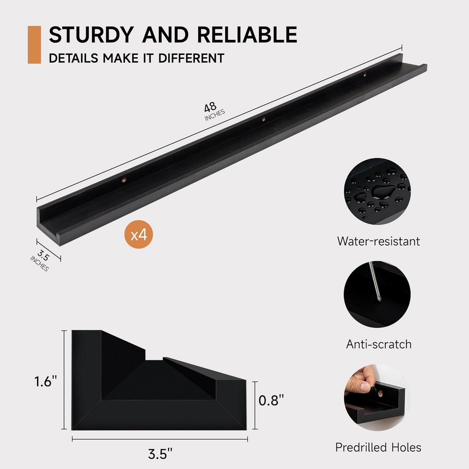 Picture Ledge Shelf for Wall, Floating Shelves Set of 4, 48 Inch Long Nursery Book Shelves for Toys