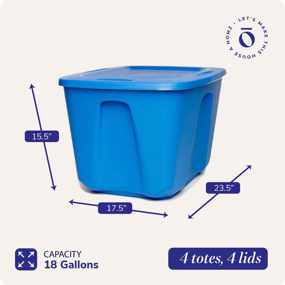 HOMZ 4-Pack Durable Molded Bin, Plastic Storage Containers w/Lids, 18 Gallon, Blue - Stackable