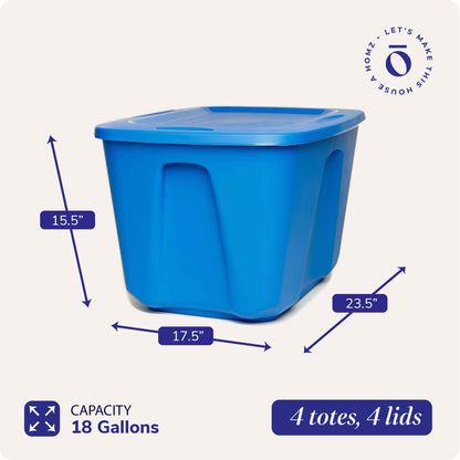 HOMZ 4-Pack Durable Molded Bin, Plastic Storage Containers w/Lids, 18 Gallon, Blue - Stackable