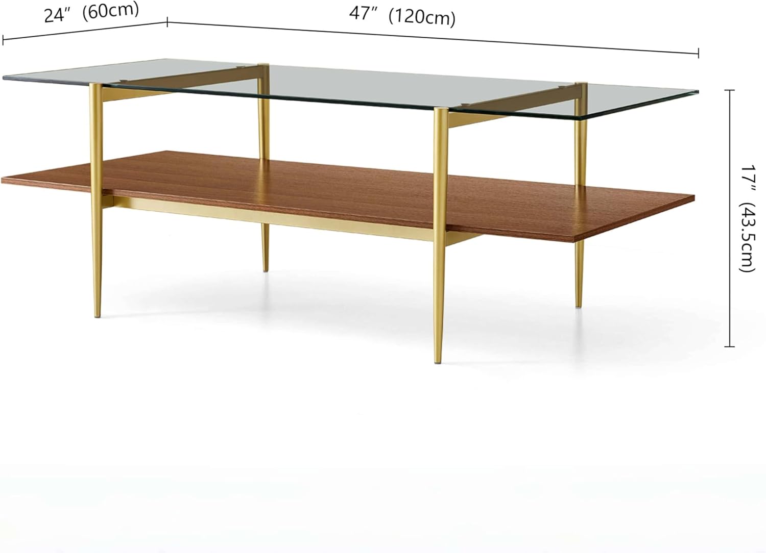 X-Large Rectangle Glass Coffee Table, Mid-Century Modern Design, for Living Room, L47 x W24 x H17