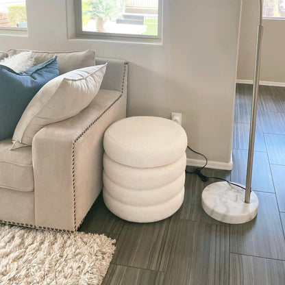 ONEVOG 20" Round Storage Ottoman with Removable Lid, Off-White Boucle Fabric Footrest Pouf, Sherpa