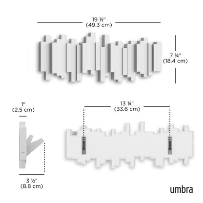 Umbra Sticks Wall Mount Coat Rack, 5 Hook Retractable Pegs, White