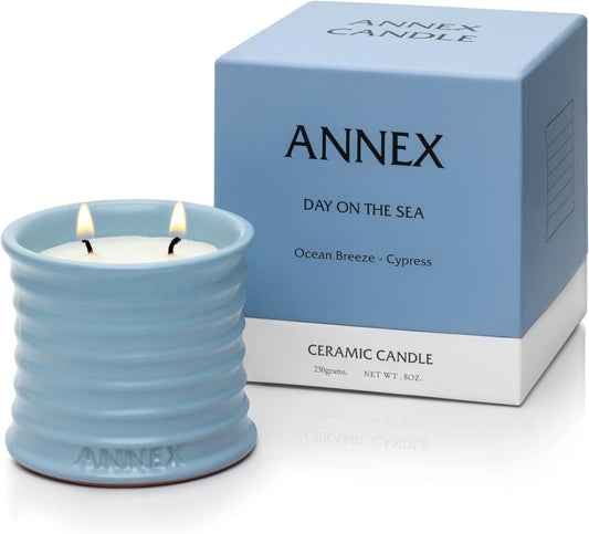 Scented Luxury Candles in Handmade Ceramic Jars, Soy Wax | Day On The Sea – Cypress & Cedar, Large