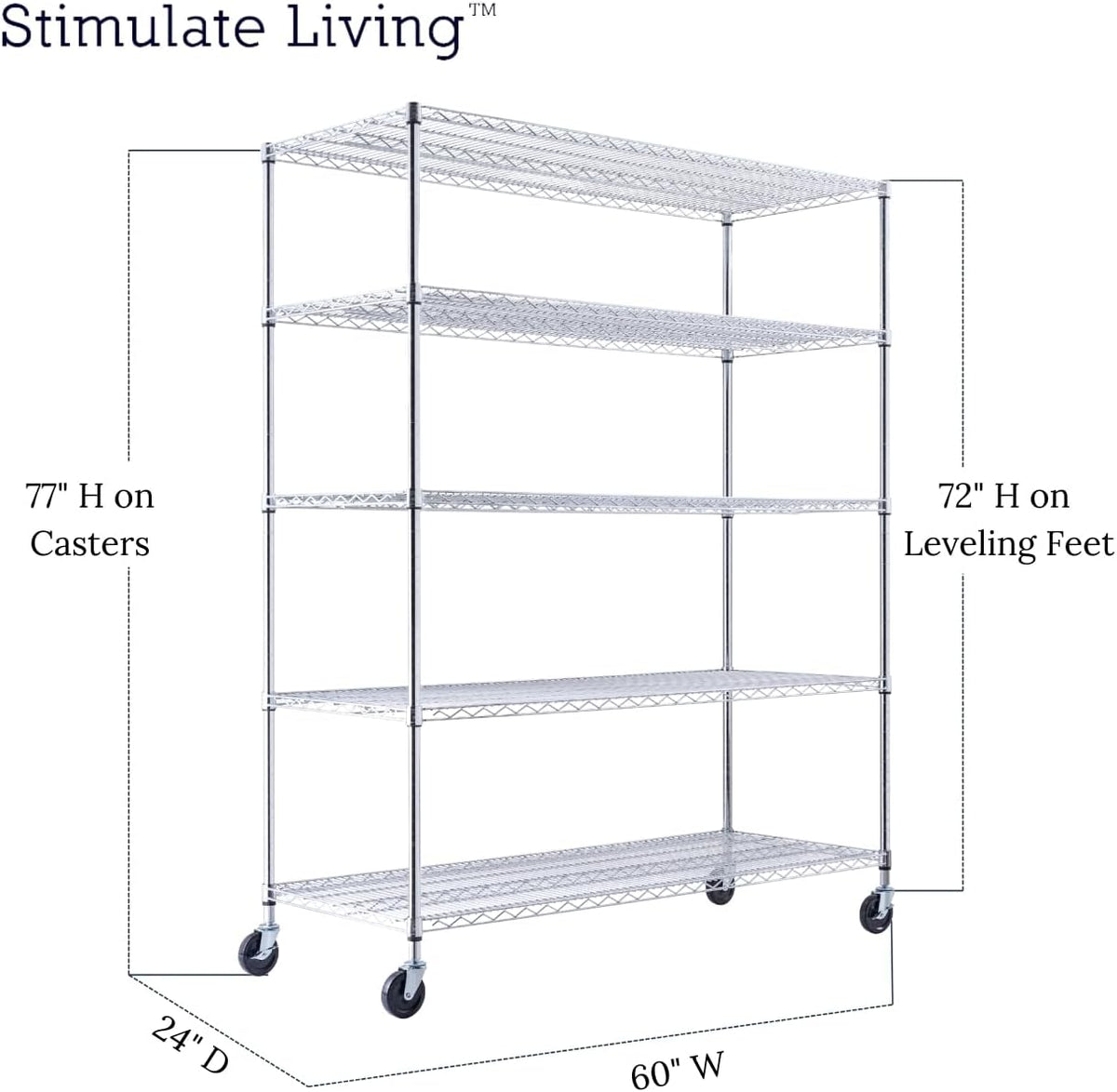 60"x24"x72" PRIME HEAVY DUTY Chrome 5-Tier Wire Shelving NSF 3000 LBS MAX Capacity Storage Rack for