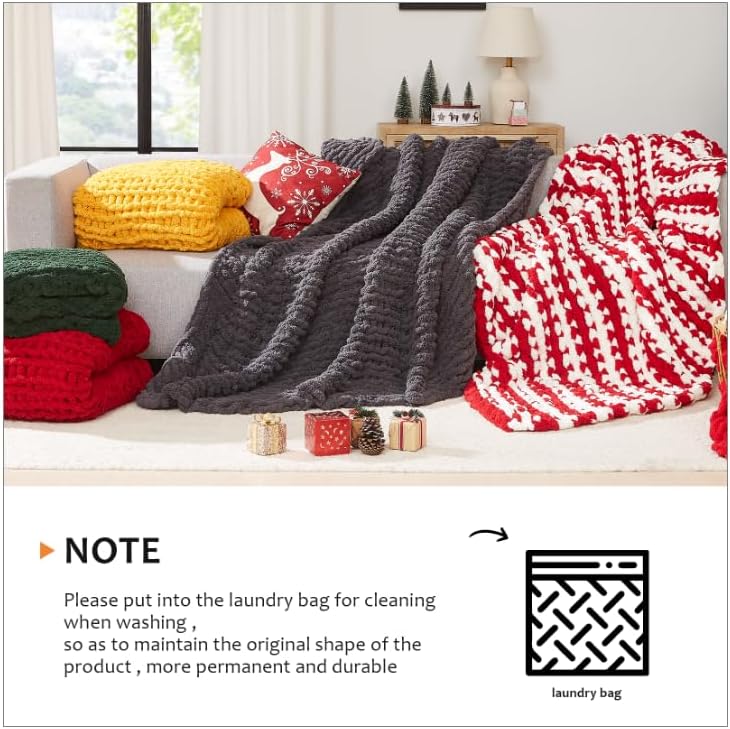 L'AGRATY Chunky Knit Blanket Throw,Soft Chenille Yarn Throw 50x60，Handmade Thick Cable Knit Crochet