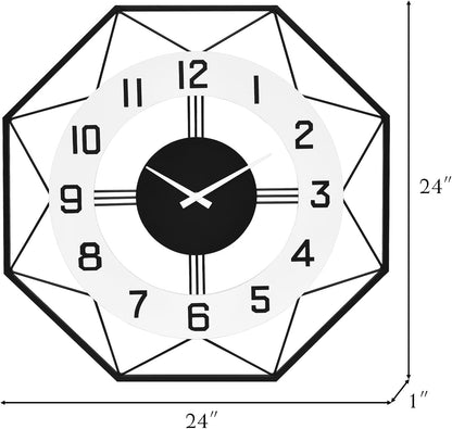 Modern Look Wall Clock – Large Decorative Silent Clock for Living Room Decor, 24 Inch Geometric
