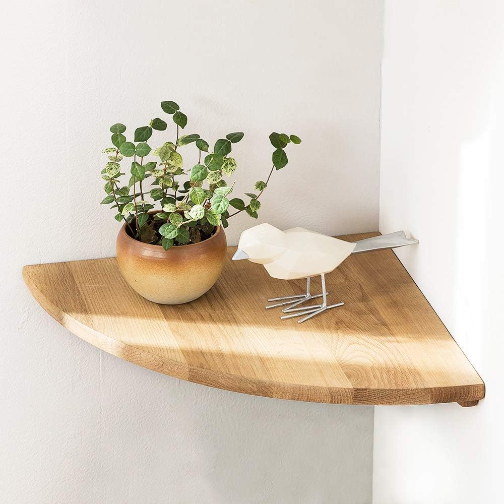 Corner Shelf, Solid Oak Wood Floating Corner Shelf Wall Mount Round End Floating Speaker with Wire