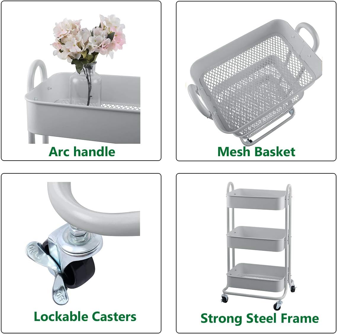 Melody House 3-Tier Metal Mesh Utility Rolling Cart Storage Organization Cart with Wheels, Light
