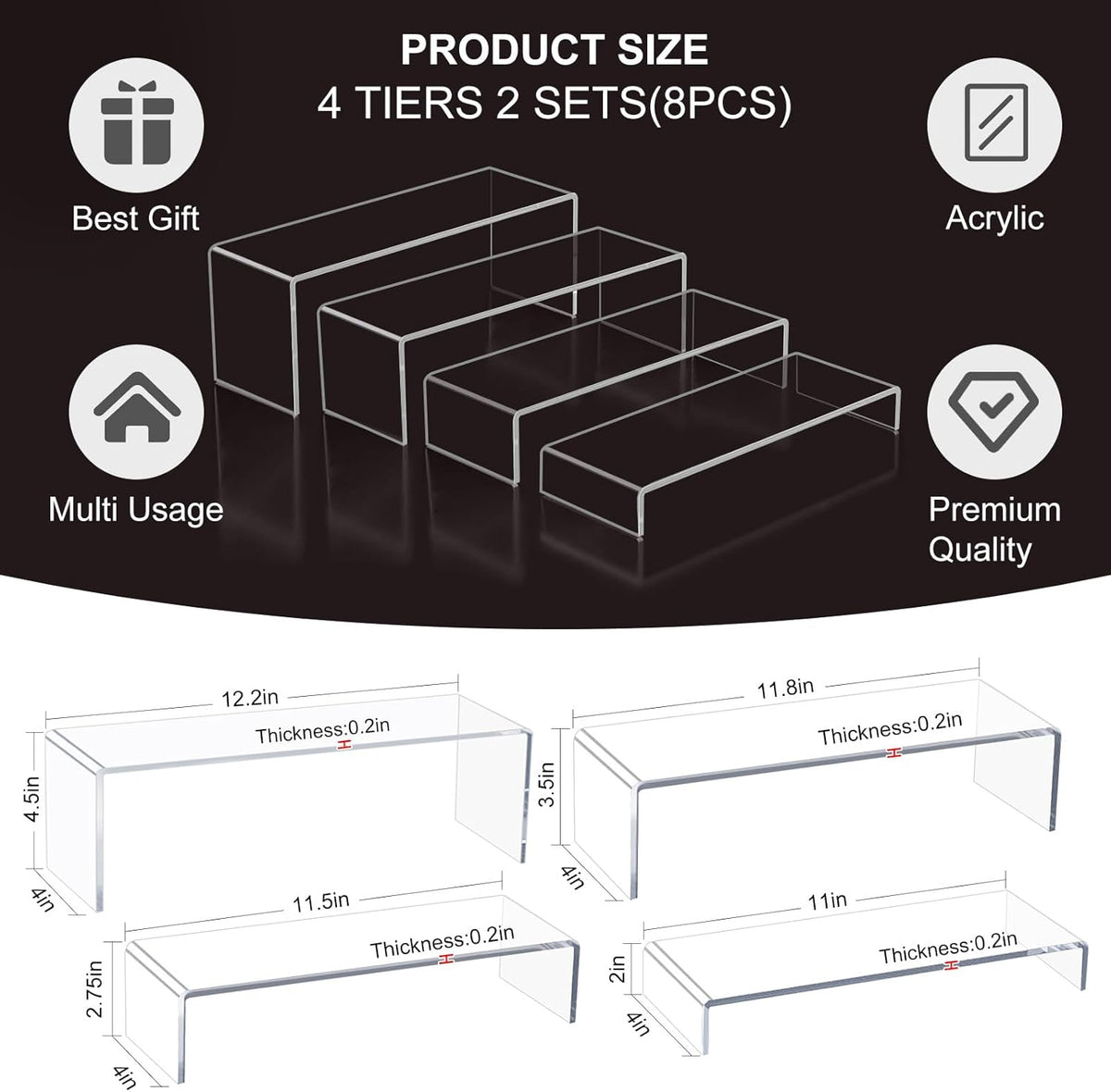 Acrylic Display Risers,12'' Large Display Stands, Thickened to 0.2''(5mm) Stackable Acrylic Shelves