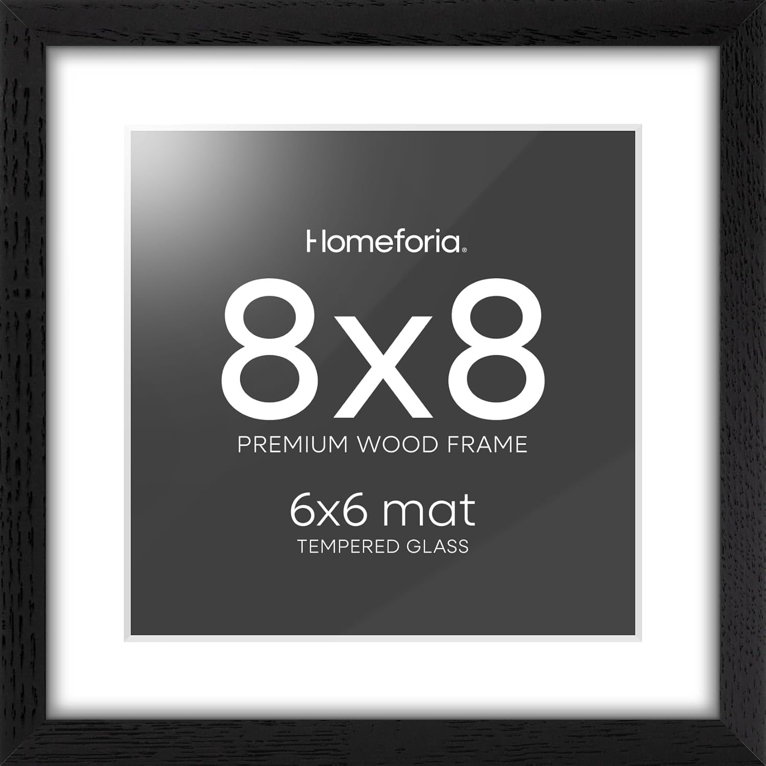 Homeforia 8x8 Picture Frame Black Wood, High-End Oak 8 x 8 Square Frames with Mat 6 by 6 inch
