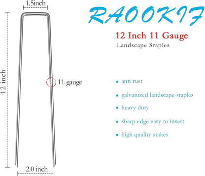 RAOOKIF 12 Inch Galvanized Garden Landscape Staples, 20/50/100/200Pcs Garden Metal Stakes, 11 Gauge