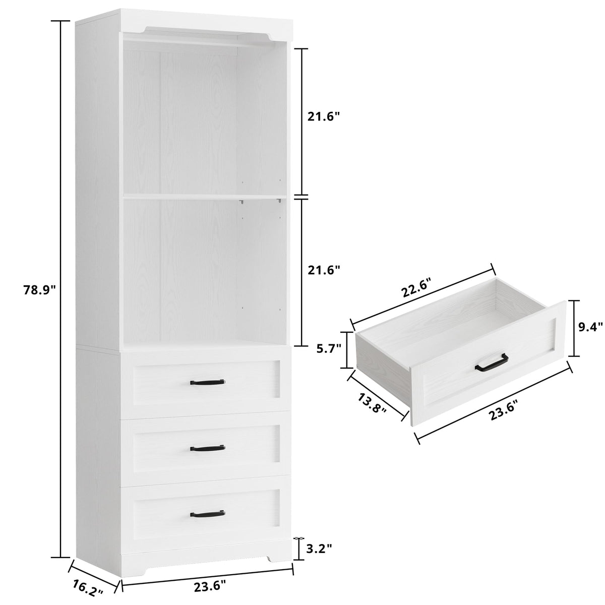 IRONCK Freestanding Closet System with Adjustable Shelves & 3 Drawers
