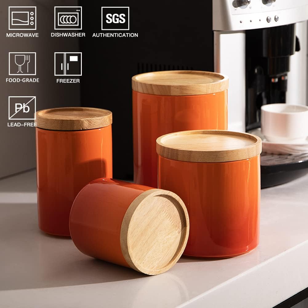 Sweejar Ceramic Food Storage Jar, Stackable Kitchen Canisters, Containers with Airtight Seal Wooden