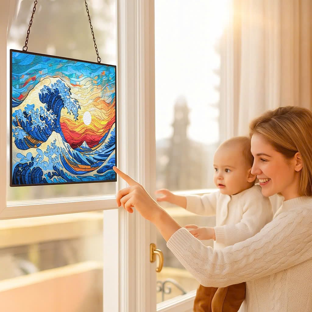 Rectangle Ocean Wave Stained Glass Suncatcher 4 Season Colorful Window Wall Ornament Hand-Painted