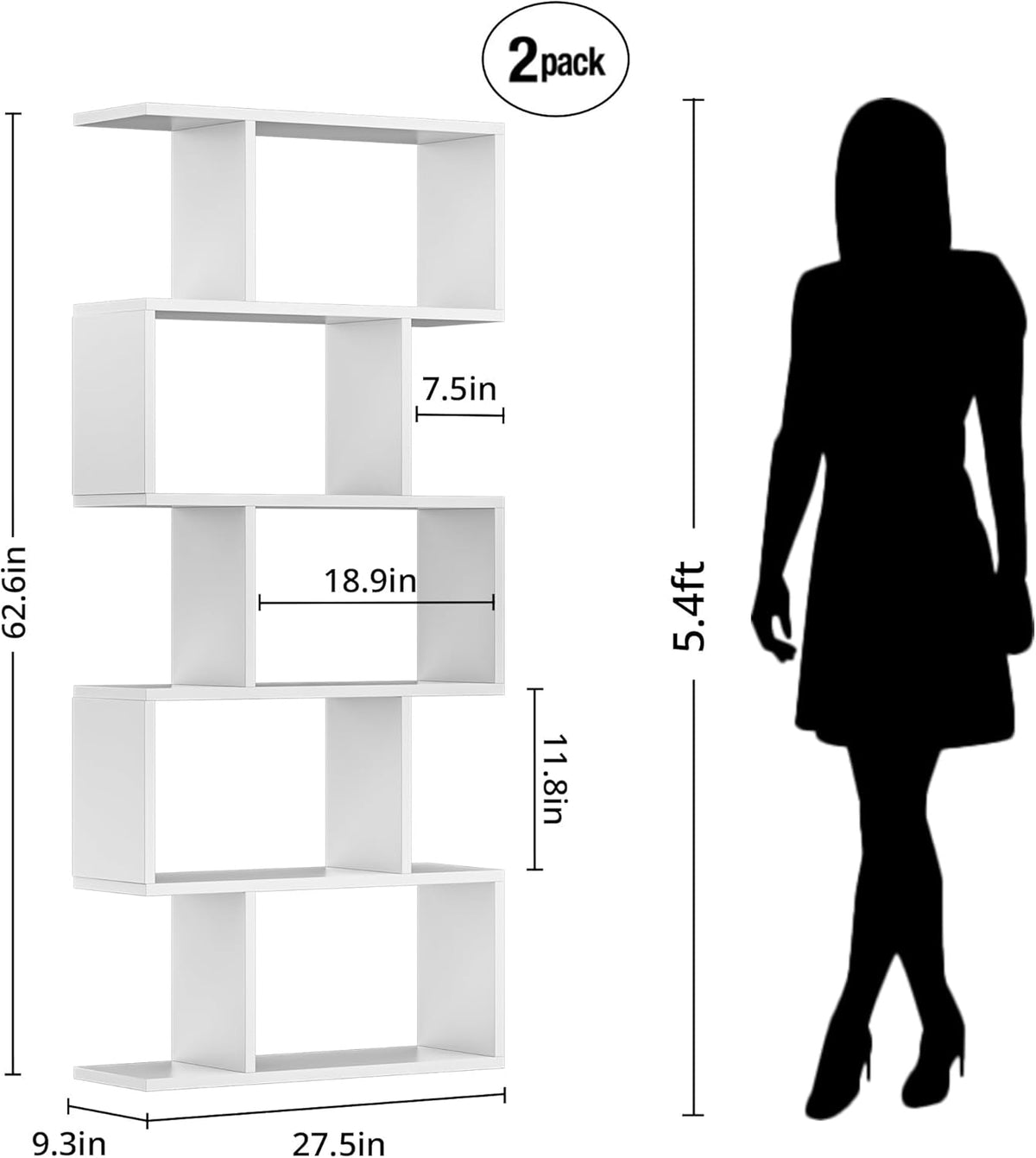 White 5-Tier Geometric Bookcase, S-Shaped Modern Bookshelf Set of 2, 62.6" Tall Room Divider Book