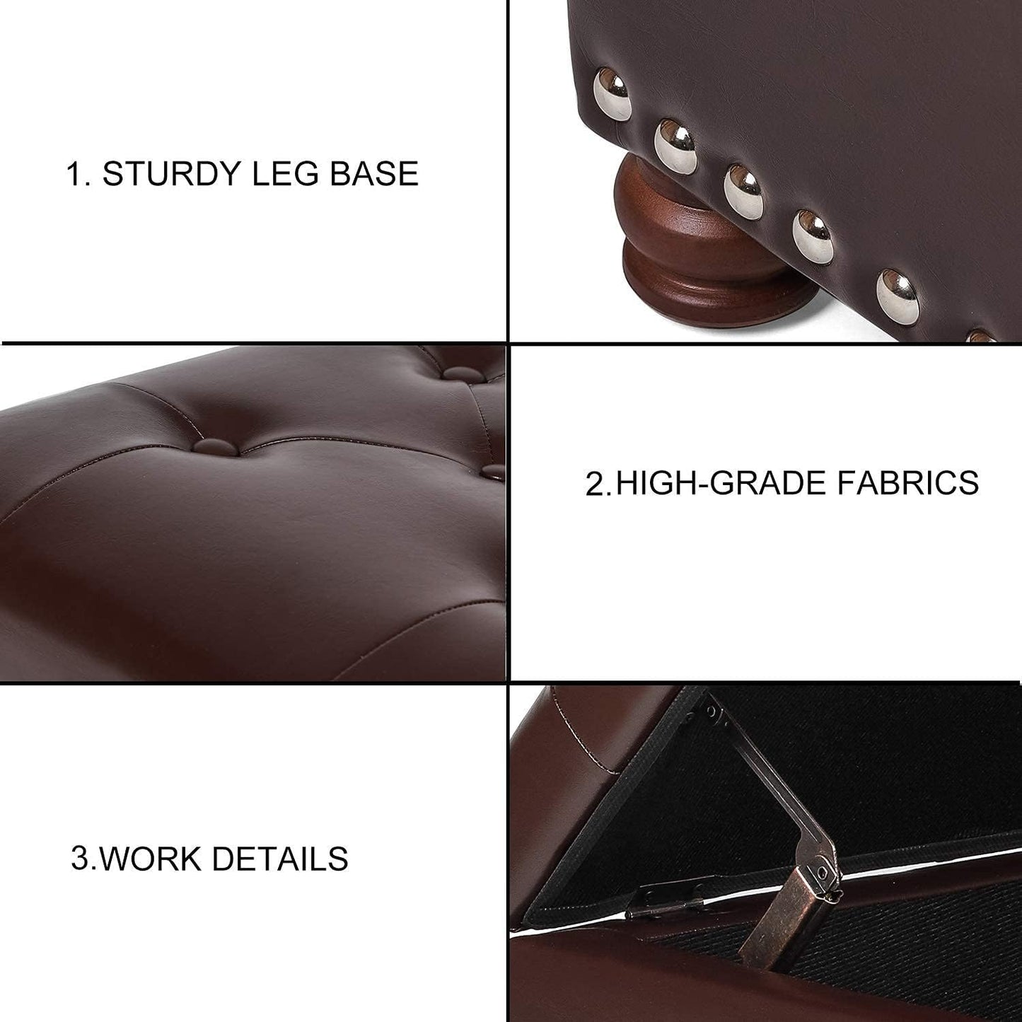 Leather Storage Ottoman Bench Foot Rest Stool with Nailhead Trim (Dark Brown - Button Tufted
